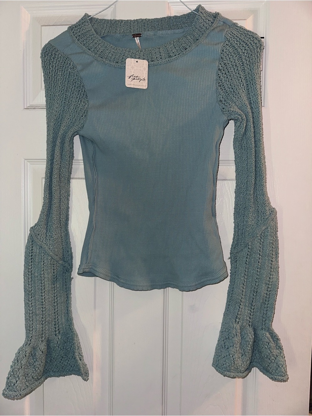 NWT Free People Light Teal Ribbed Sweater with Crochet Bell Sleeves